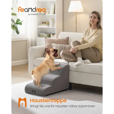 FEANDREA 3-stegs hundtrappa, hundtrappa för säng, soffa, vattentät husdjurstrappa med halkfri design, lätt lutning, avtagbart tvättbartöverdrag, handtag, duvgrå PPS003G01