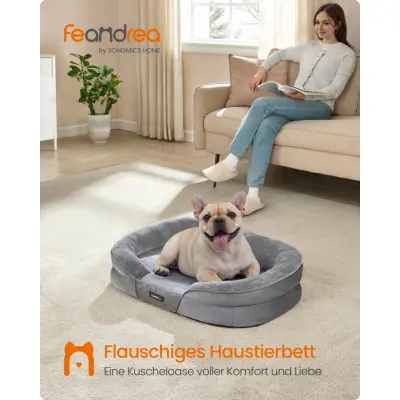FEANDREA PGW281G01 Hundbädd för medelstora hundar, 76 x 51 x 18 cm, ortopedisk, vattentätt innerlager, upphöjda kanter, avtagbart, tvättbartöverdrag, halkfri, ljusgrå