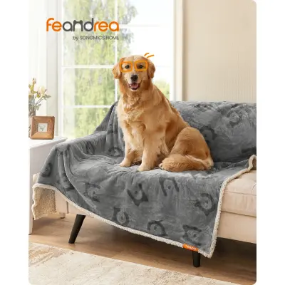 FEANDREA Vattentät hundfilt, sherpafleecefilt för stora och extra stora hundar, katter, 203 x 152 cm, XXL, maskintvättbar, vändbart hundsofföverdrag, grå PPB080G01