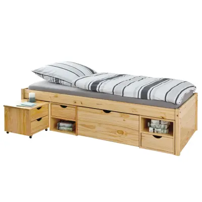 NORDIC LIVING COLLECTION Massiv träsäng med förvaring, utdragbart bord och lådor - platsbesparande och multifunktionell i olika färger och storlekar