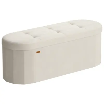 SONGMICS LSF297LH01 Förvaringspuff, Förvaringslåda, Hopfällbart fotstöd, Enkel montering, För vardagsrum, hall och sovrum, Sammet, Kapacitet 110 l, 38 x 110 x 38 cm, Krämvit