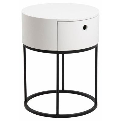 ACT NORDIC Polo sängbord, w. 1 låda, rund - vit MDF och svart stål (Ø40)