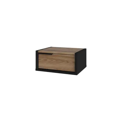 NORDVÄRK Eco vägghängt sängbord, med 1 låda - gammal natur och svart trämelamin (40x30)