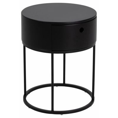 ACT NORDIC Polo sängbord, med låda, runt - svart MDF och mattsvart stål (Ø40x51)