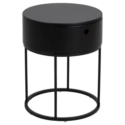 ACT NORDIC Polo sängbord, med låda, runt - svart MDF och mattsvart stål (Ø40x51)