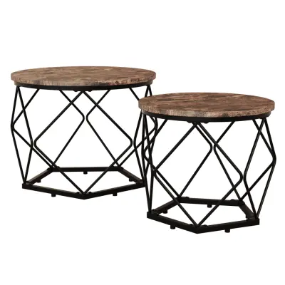 VCM NORDIC Helaro M sidobord, runt - naturligt trä och svart järn (set med 2)