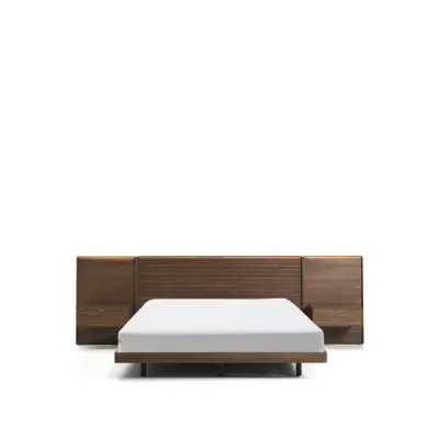 KAVE HOME Norlen sängstomme, med 2 sängbord och LED-lampa - valnötsfaner med mörk yta (160x200)