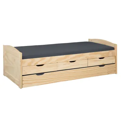 NORDIC LIVING COLLECTION Marinella funktionssäng 90x200 tillverkad av massivt trä i naturlack med 3 lådor och extra sovyta inklusive ribbotten