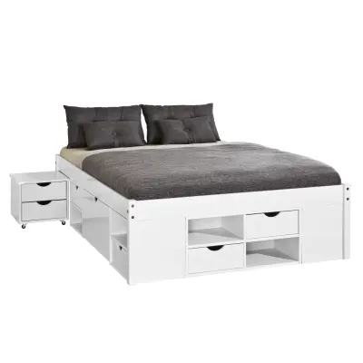 NORDIC LIVING COLLECTION Massiv träsäng med förvaring, utdragbart bord och lådor - platsbesparande och multifunktionell i olika färger och storlekar