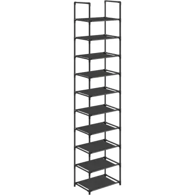 SONGMICS 10-lagers skohylla, skohylla, platsbesparande skoförvaring, 33 x 33 x 173 cm, metallram, hyllor i non-woven tyg, för hall, sovrum, svart LSR110B02