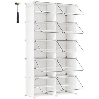 SONGMICS sammankopplande skohylla, skoskåp i plast, modulär förvaringsenhet med 10 platser, 30 x 40 x 30 cm för varje plats, med dörrar, stålram, plastpaneler, vit LPC035W01