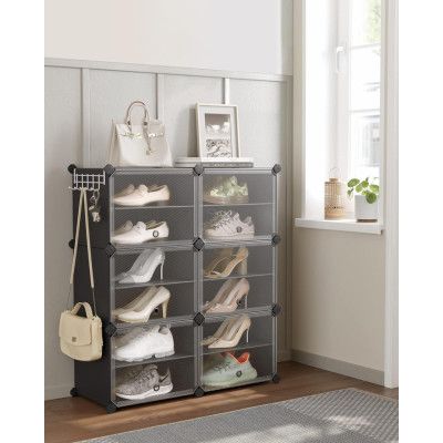 SONGMICS Sammankopplingsbar skohylla, skoförvaringsskåp i plast, modulär förvaringsenhet med 6 fack, 30 x 40 x 30 cm för varje fack, med dörrar, stålram, plastpaneler, svart LPC033B01