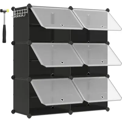 SONGMICS Sammankopplingsbar skohylla, skoförvaringsskåp i plast, modulär förvaringsenhet med 6 fack, 30 x 40 x 30 cm för varje fack, med dörrar, stålram, plastpaneler, svart LPC033B01