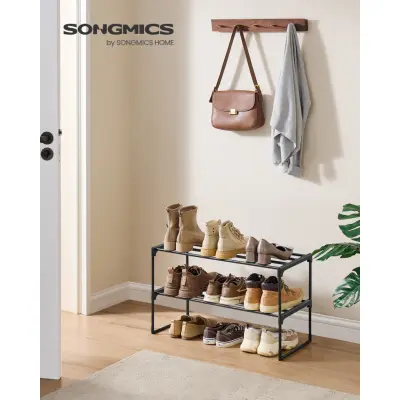 SONGMICS Skohylla 2-vånings skohylla i metall, skoförvaring, skoorganisatör, upprätt eller inverterad, för 6-9 par skor, stapelbar, hall, 30 x 68 x 33,8 cm, svart LSA202B01