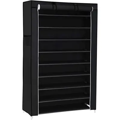SONGMICS skohylla med 10 våningar och dammtätöverdrag, skoskåp, skoorganisatör, plats för upp till 40 par skor, i vardagsrummet, hallen, 88 x 28 x 160 cm, svart RXJ36H