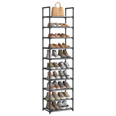 SONGMICS skohylla med 10 våningar, skoställ, platsbesparande skoförvaring, 45 x 28 x 173 cm, metallram, hyllor i non-woven tyg, för hall, sovrum, grå LSH010G01