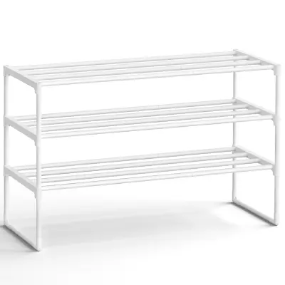 SONGMICS skohylla med 3 våningar, skoförvaring, metallförvaringshylla, upprätt eller inverterad, passar 16 till 20 par, stapelbar, för hall, 30 x 92 x 55 cm, pärlvit LSA303W03