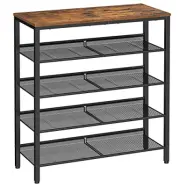 VASAGLE 5-facks skohylla, hög skoförvaring med 4 näthyllor och stor topp för väskor, platsbesparande för entré, hall, stål, industriell, rustik brun och svart LBS038B01