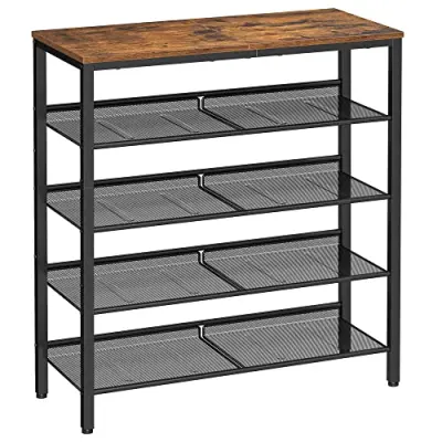 VASAGLE 5-facks skohylla, hög skoförvaring med 4 näthyllor och stor topp för väskor, platsbesparande för entré, hall, stål, industriell, rustik brun och svart LBS038B01