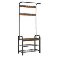 VASAGLE hallorganisation, m. 9 krokar, 1 hängstång, 3 hyllor - brun MDF och svart stål