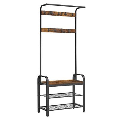 VASAGLE hallorganisation, m. 9 krokar, 1 hängstång, 3 hyllor - brun MDF och svart stål