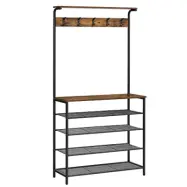 VASAGLE klädhängare, hall i trä med skoförvaring, 5-facks skohylla i olika höjder, 5 dubbelkrokar,översta hyllan, hall, sovrum lägenhet, industriell, rustik brun och svart HSR408B01