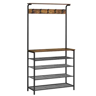VASAGLE klädhängare, hall i trä med skoförvaring, 5-facks skohylla i olika höjder, 5 dubbelkrokar,översta hyllan, hall, sovrum lägenhet, industriell, rustik brun och svart HSR408B01