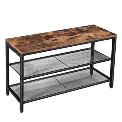 VASAGLE skohylla med 2 näthyllor - brun spånskiva och svart stål