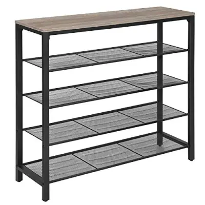 VASAGLE skohylla med 4 näthyllor - grå spånskiva och svart stål