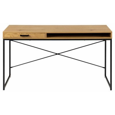 ACT NORDIC Seaford skrivbord, w. 1 fack och 1 låda - naturlig vild ek melamin och svart metall (140x58)