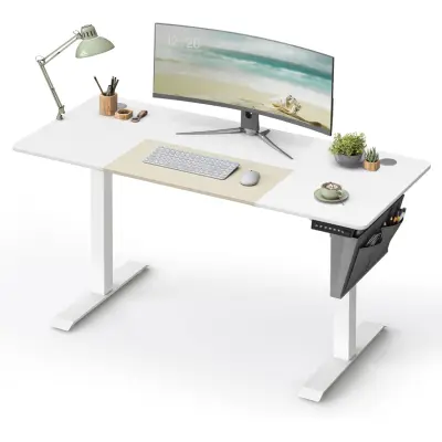 SONGMICS LSD016W01 Höjdjusterbart elektriskt skrivbord, 60 x 140 x (72-120), Fullt justerbar, skarvad skiva, minnesfunktion med 4 höjder, bas vit/beige