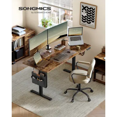 SONGMICS LSD136K01 Höjdjusterbart elektriskt skrivbord, 70 x 160 x 72120 cm, minnesfunktion med 4 höjder, för hemmakontor, arbetsrum, vintagebrun, bläcksvart