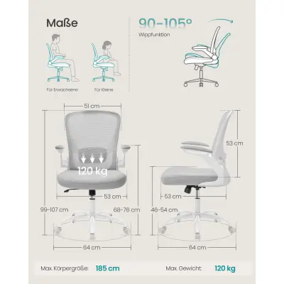 SONGMICS snurrstol för kontor, ergonomisk datorstol i nät, svankstöd, gungfunktion, 53 cm sits, fällbara armstöd, duvgrå OBN037G02
