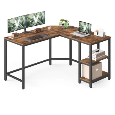 VASAGLE Datorbord, L-format hörnskrivbord, 130 x 130 x 76 cm, spelbord, arbetsstation med 2 förvaringshyllor för hemmakontor, platsbesparande, enkel att montera, rustikt brunt och bläcksvart LWD123K01
