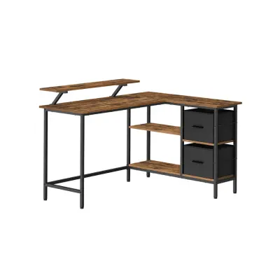 VASAGLE L-format skrivbord med 2 rymliga lådor, spelbord med skärmstativ, hörnskrivbord, datorbord med justerbar förvaringshylla, för hemmakontor, rustikt brunt LWD098B01