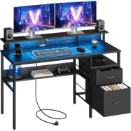 VASAGLE Skrivbord med tyglådor, Datorbord med skärmstativ, LED-belysning, 55 x 135 x 90 cm, Inbyggda uttag, 2 USB-A-portar, för hemmakontor, Ebenholtssvart LWD094B56
