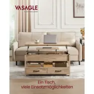 VASAGLE soffbord höjdjusterbart vardagsrumsbord gasflaska 2 lådor och 3 dolda fack soffbord 1öppet fack för vardagsrum hemmakontor kamelbrun LCT254L01