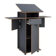 VCM NORDIC Salia L stående skrivbord, justerbar skiva, 1 låsbar låda, dörr, hjul - grått/naturligt trä