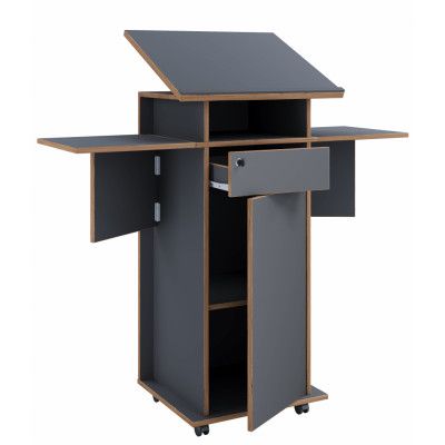 VCM NORDIC Salia L stående skrivbord, justerbar skiva, 1 låsbar låda, dörr, hjul - grått/naturligt trä