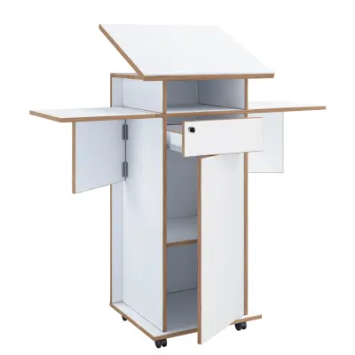 VCM NORDIC Salia L stående skrivbord, justerbar skiva, 1 låsbar låda, dörr, hjul - vitt/naturligt trä