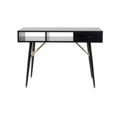 VENTURE DESIGN Gold skrivbord, med 2 hyllor och 1 låda - svart MDF och järn (110x60)