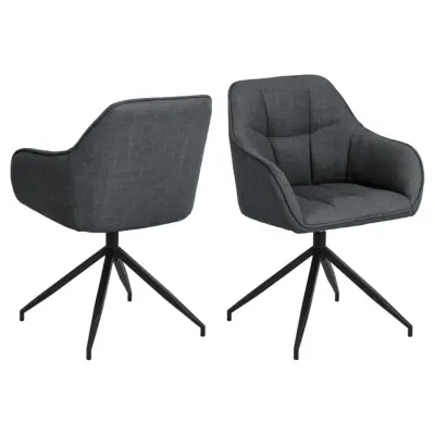 ACT NORDIC Brenda matbordsstol, med armstöd och vridfunktion - mörkgrått tyg och svart metall