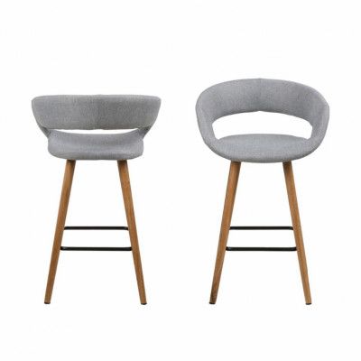 ACT NORDIC Grace barstol, med ryggstöd, armstöd och fotstöd - ljusgrå polyester och naturlig ek