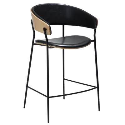 DAN-FORM CRIB barstol, med ryggstöd, armstöd - Vintage svart konstläder, ekfaner och svart metall