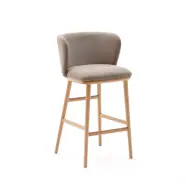 KAVE HOME Ciselia barstol, med ryggstöd och fotstöd - brun chenille och naturligt askträ (H:65cm)