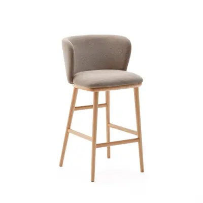 KAVE HOME Ciselia barstol, med ryggstöd och fotstöd - brun chenille och naturligt askträ (H:65cm)