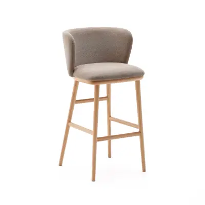 KAVE HOME Ciselia barstol, med ryggstöd och fotstöd - brun chenille och naturligt askträ (H:75cm)