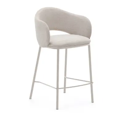 KAVE HOME Maina barstol, med ryggstöd, armstöd, fotstöd - beige chenille och beige stål (65cm)
