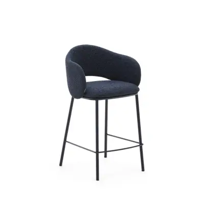 KAVE HOME Maina barstol, med ryggstöd, armstöd, fotstöd - blå chenille och blått stål (65cm)