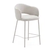 KAVE HOME Maina barstol, med ryggstöd, armstöd, fotstöd - tjock beige chenille och beige stål (65cm)